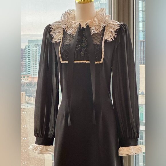 🆕 SELF-PORTRAIT 🧿 NWOT Diamante Trim Mini Dress, Black - Sz US 4 UK 8 - Picture 9 of 15